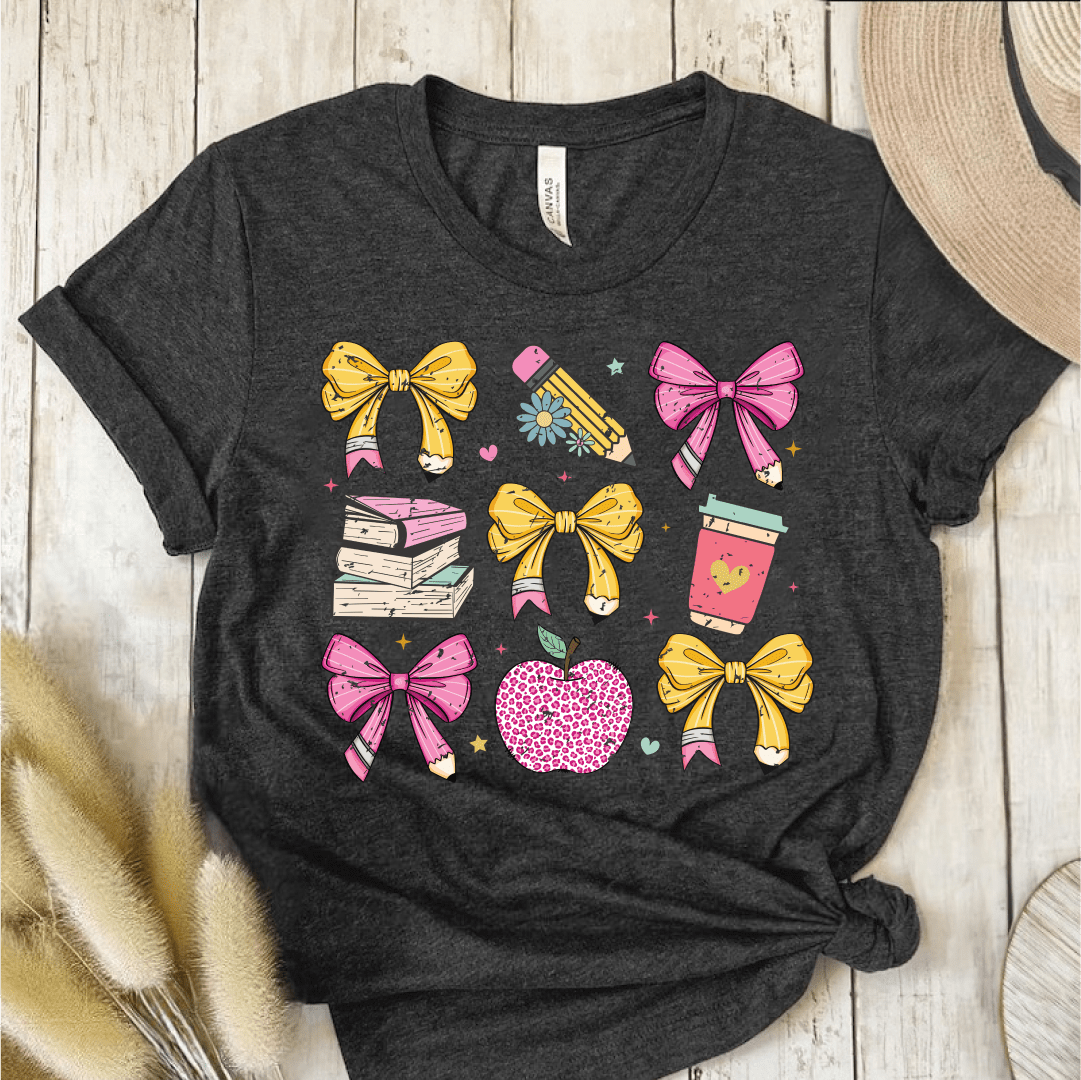 T-Shirt Dark Grey / S Teacher Coquette Pencil Bow Retro T-Shirt