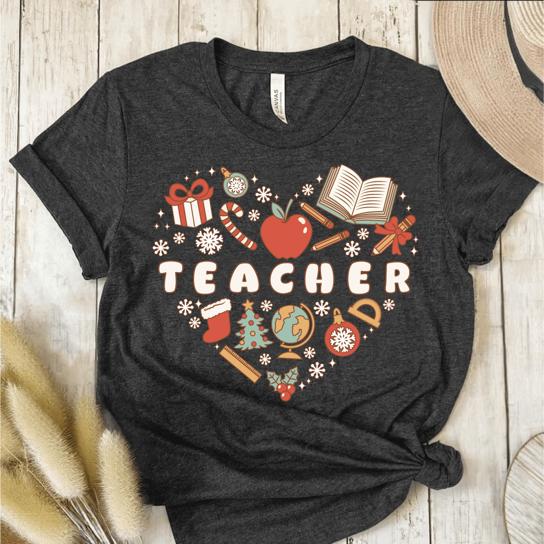 T-Shirt Dark Grey / S Teacher Retro Christmas Heart T-Shirt