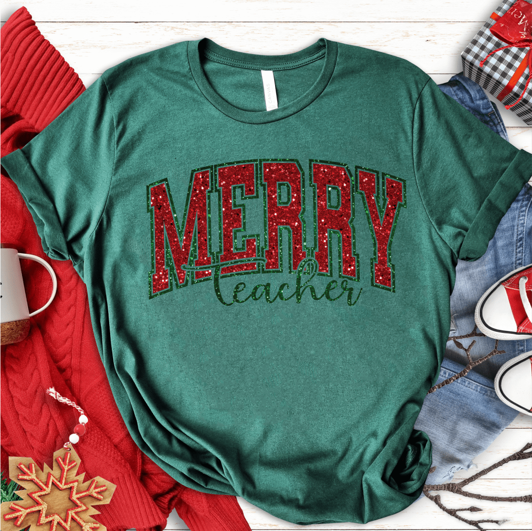 T-Shirt Green / S Merry Teacher Glitter T-Shirt