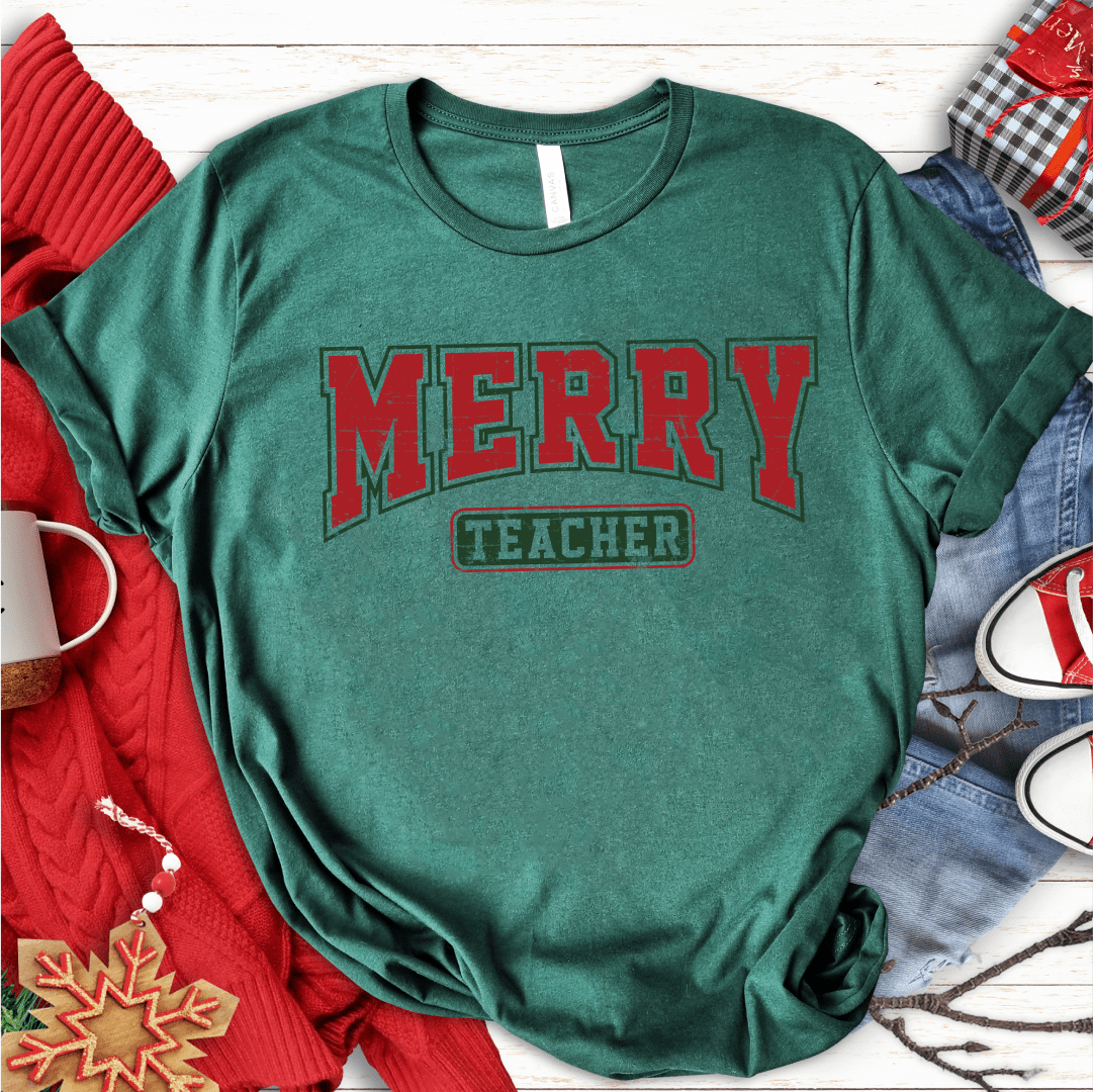 T-Shirt Green / S Merry Teacher Retro Vintage T-Shirt