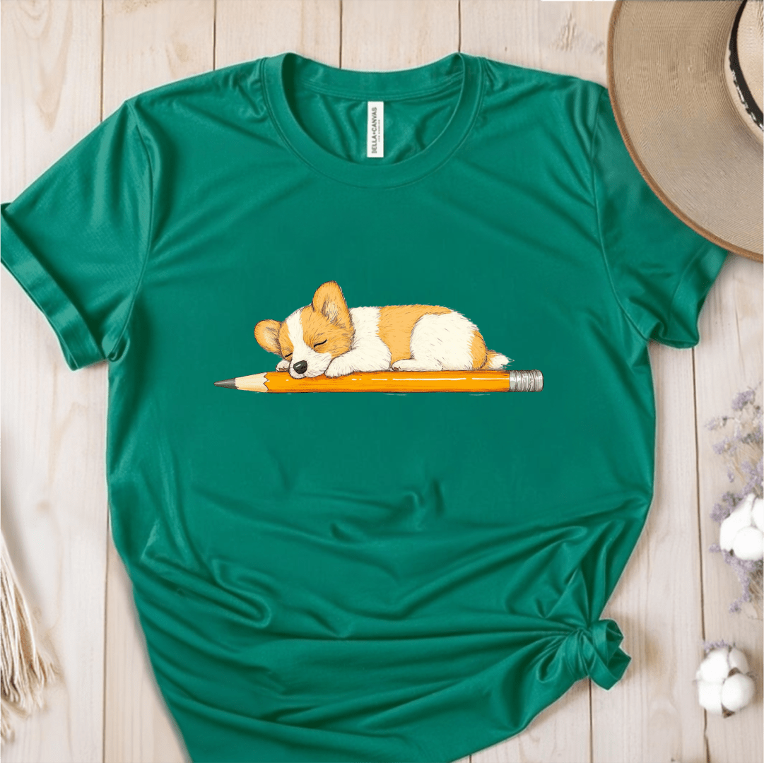 T-Shirt Green / S Puppy Sleeping On Pencil T-Shirt