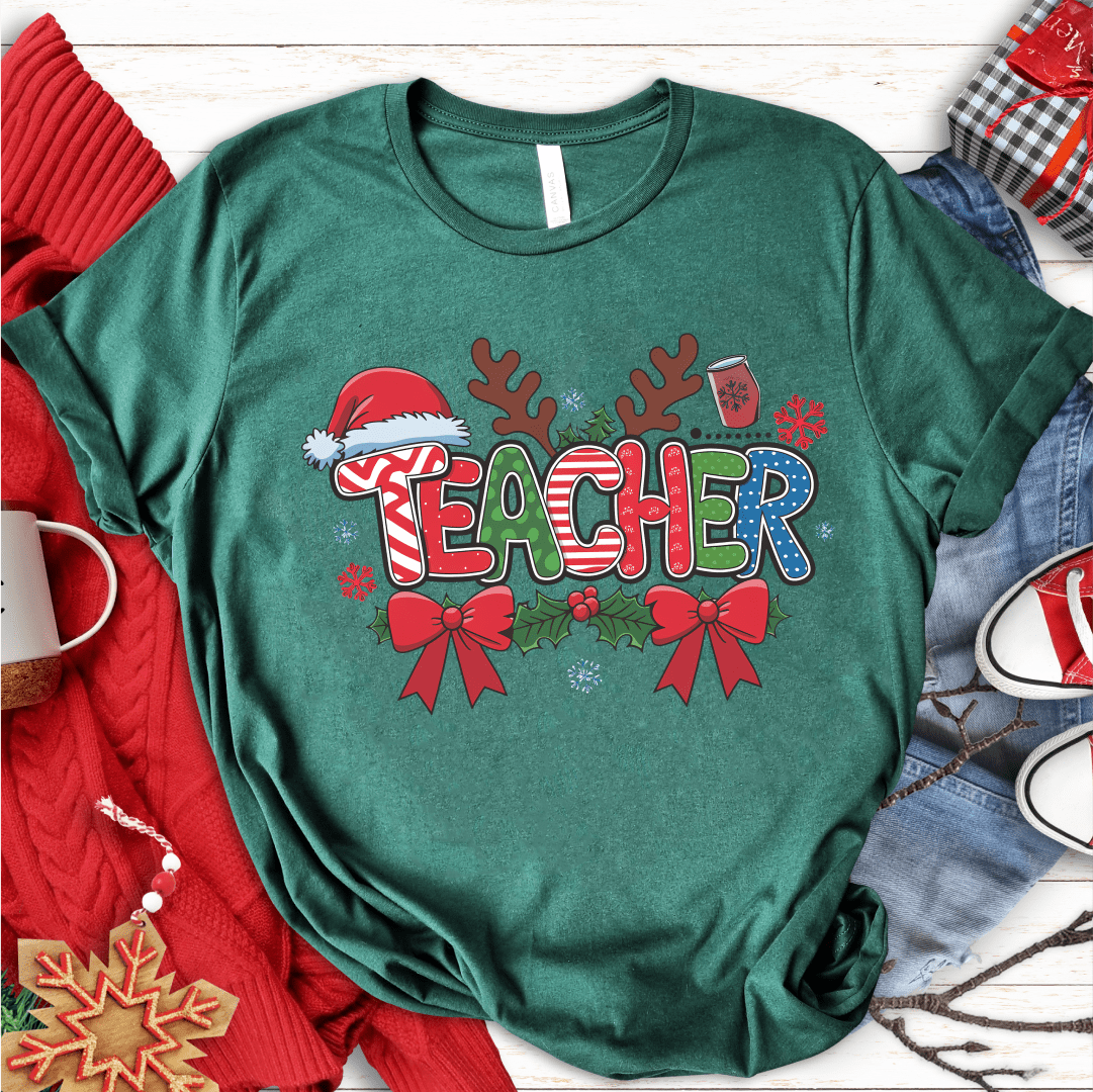 T-Shirt Green / S Teacher Christmas Pattern Antlers T-Shirt