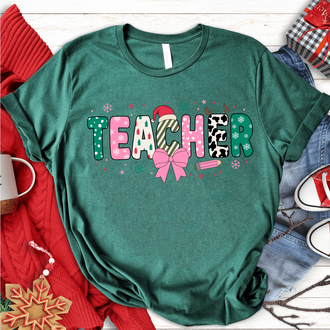 T-Shirt Green / S Teacher Christmas Pink Bow Pattern T-Shirt