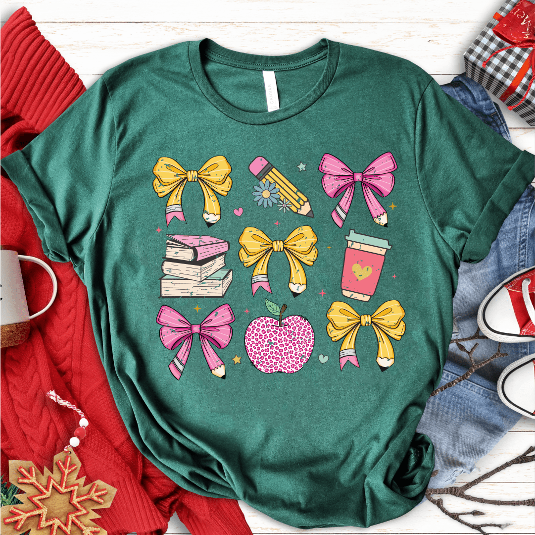T-Shirt Green / S Teacher Coquette Pencil Bow Retro T-Shirt