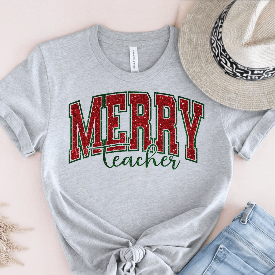 T-Shirt Grey / S Merry Teacher Glitter T-Shirt