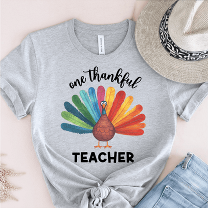 T-Shirt Grey / S One Thankful Teacher Colorful Turkey T-Shirt