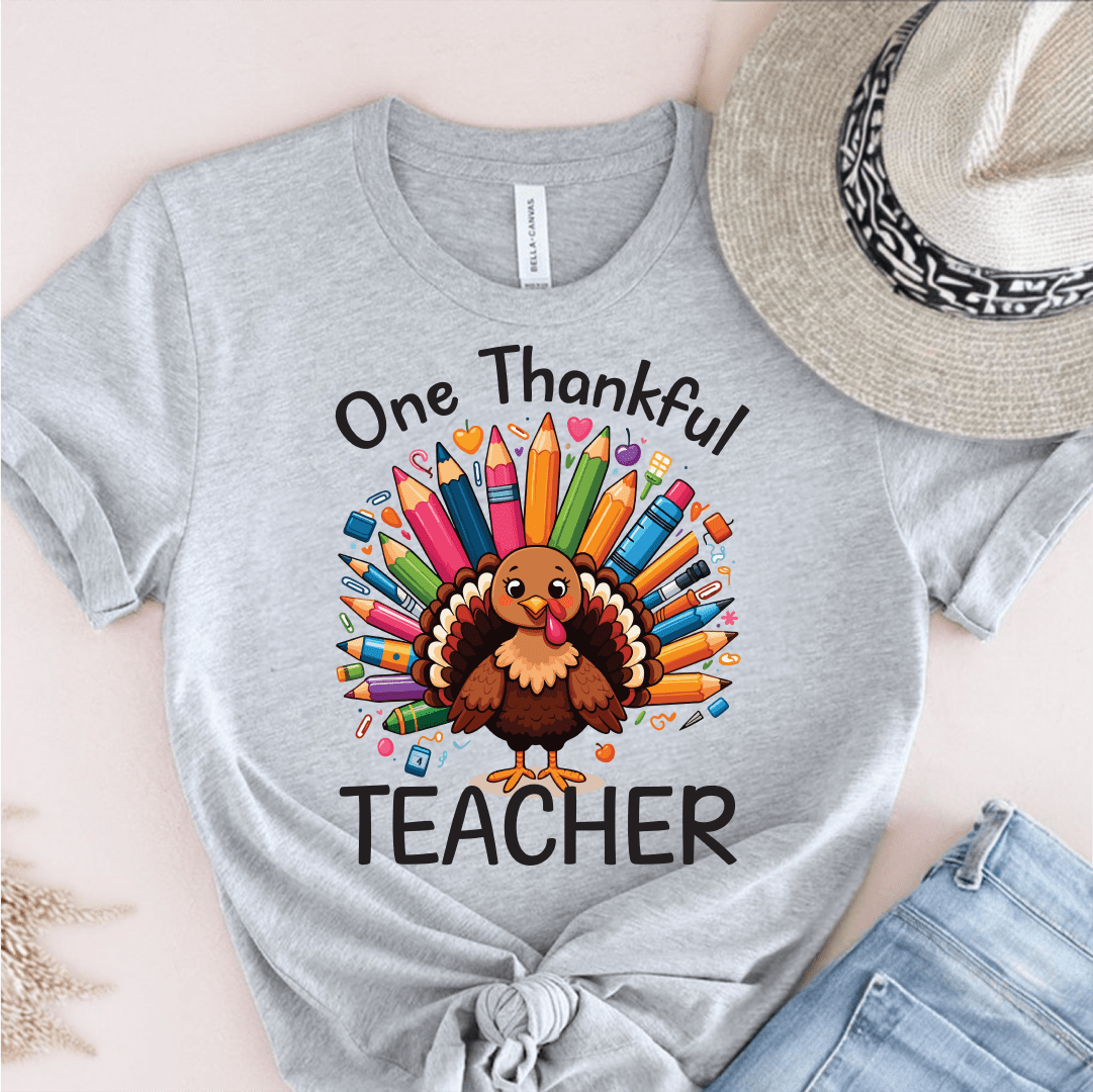 T-Shirt Grey / S One Thankful Teacher Pencil Turkey T-Shirt