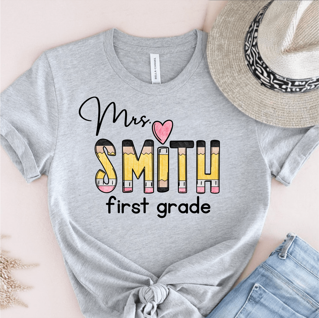 T-Shirt Grey / S Personalized Name And Grade Pencil Heart T-Shirt