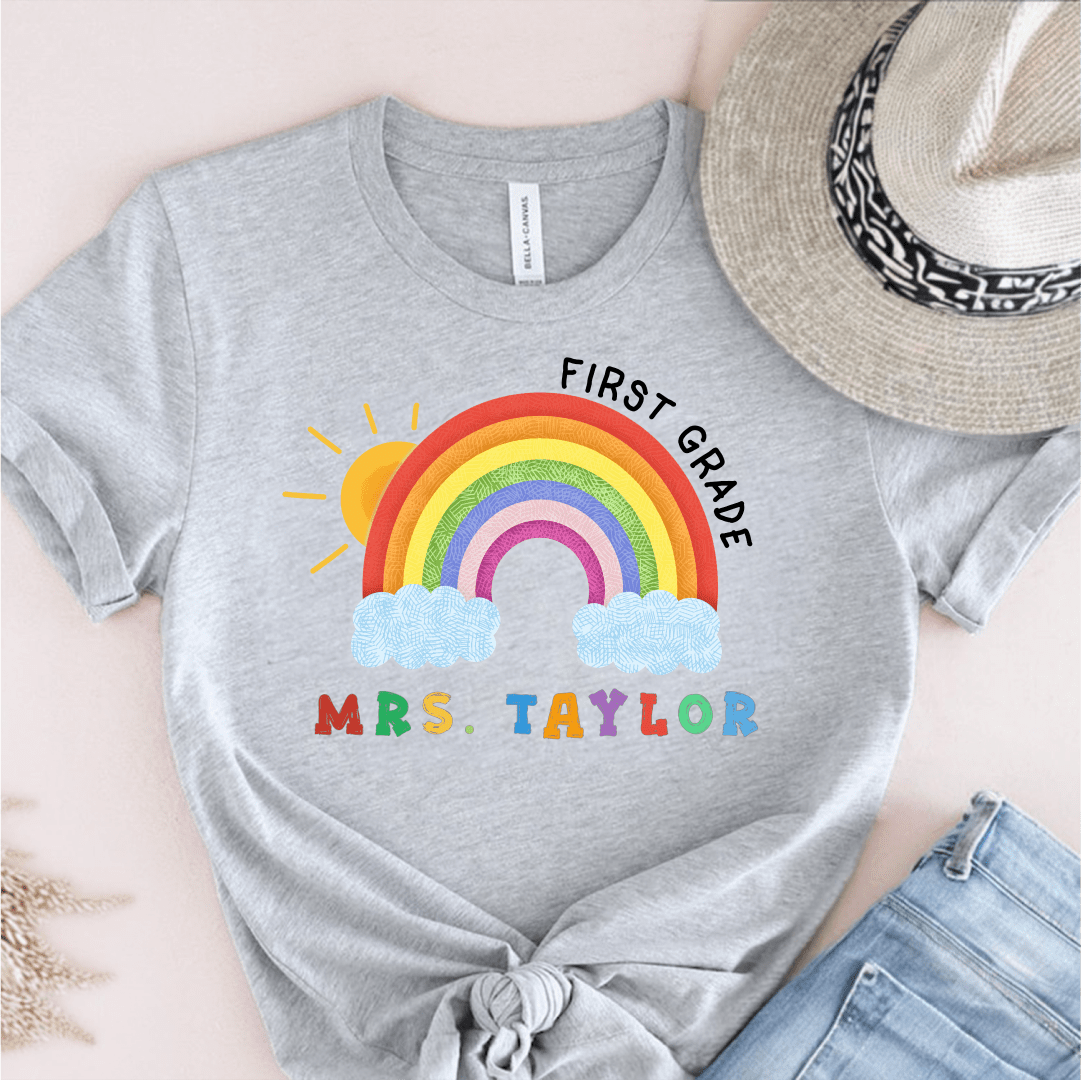 T-Shirt Grey / S Personalized Name Grade Rainbow Sun Colorful T-Shirt