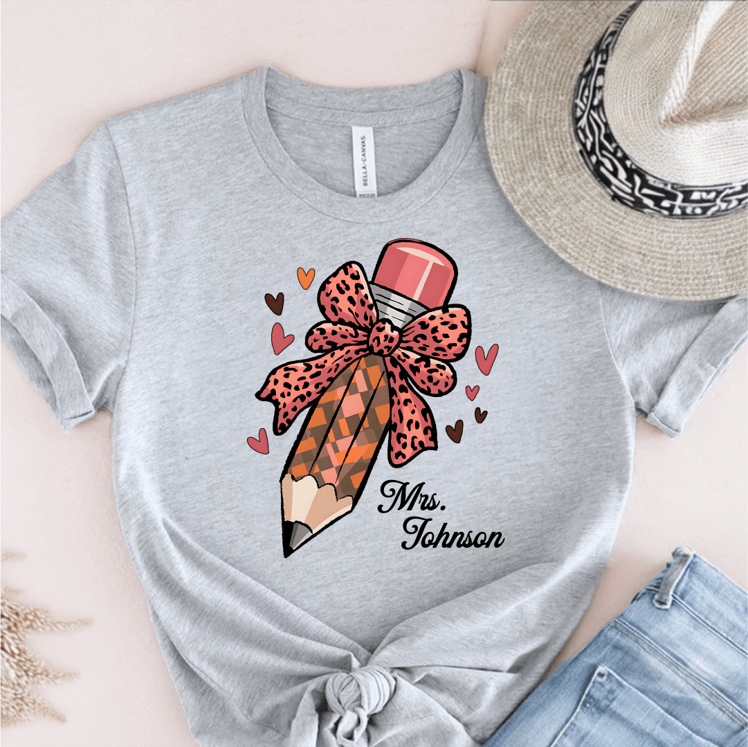T-Shirt Grey / S Personalized Name Pencil Pattern Bow Hearts T-Shirt