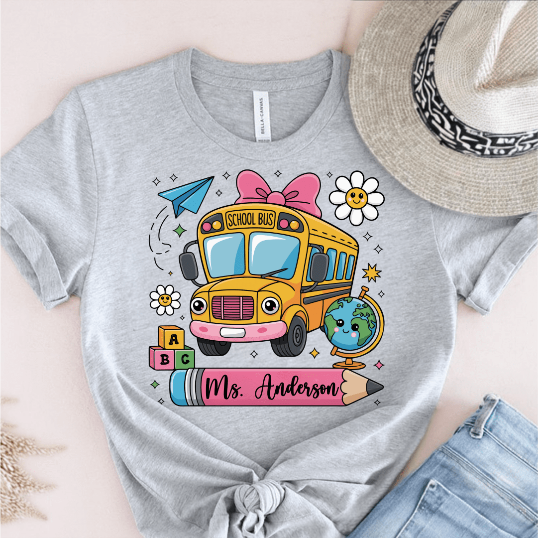T-Shirt Grey / S Personalized Name School Bus Cute Icon Pencil T-Shirt