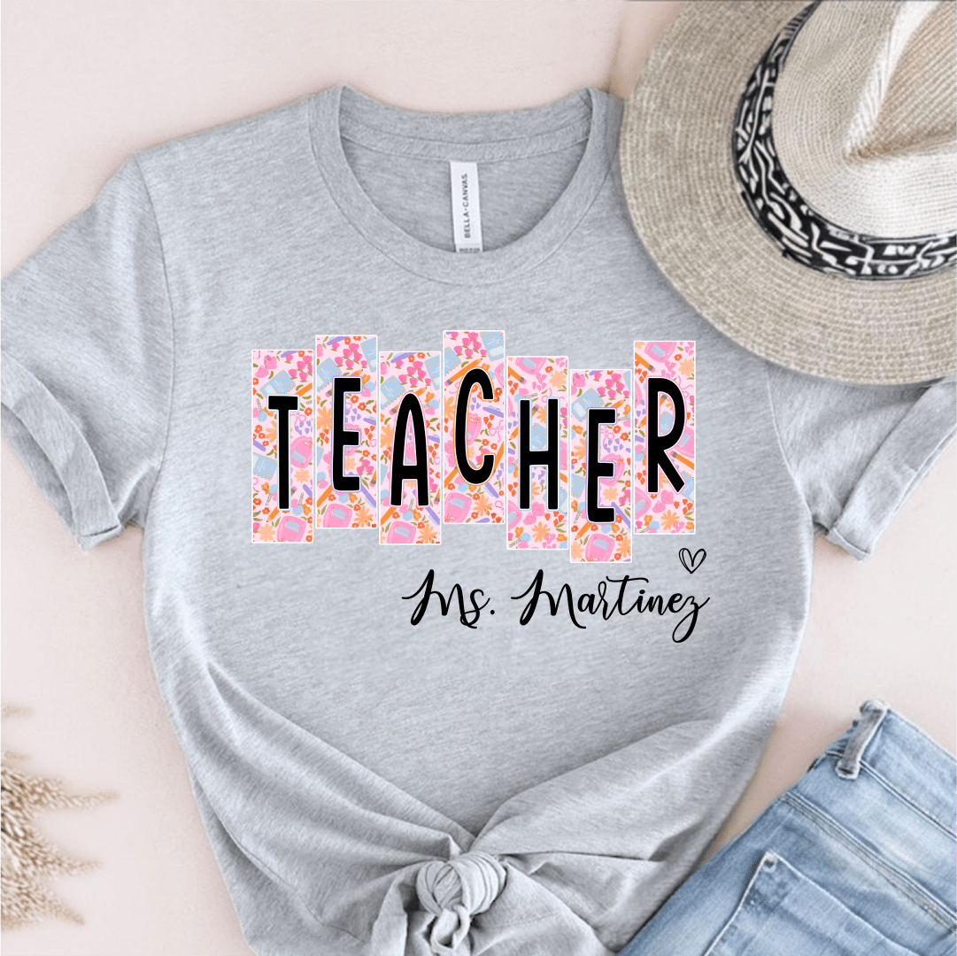 T-Shirt Grey / S Personalized Teacher Name Floral Block Design T-Shirt
