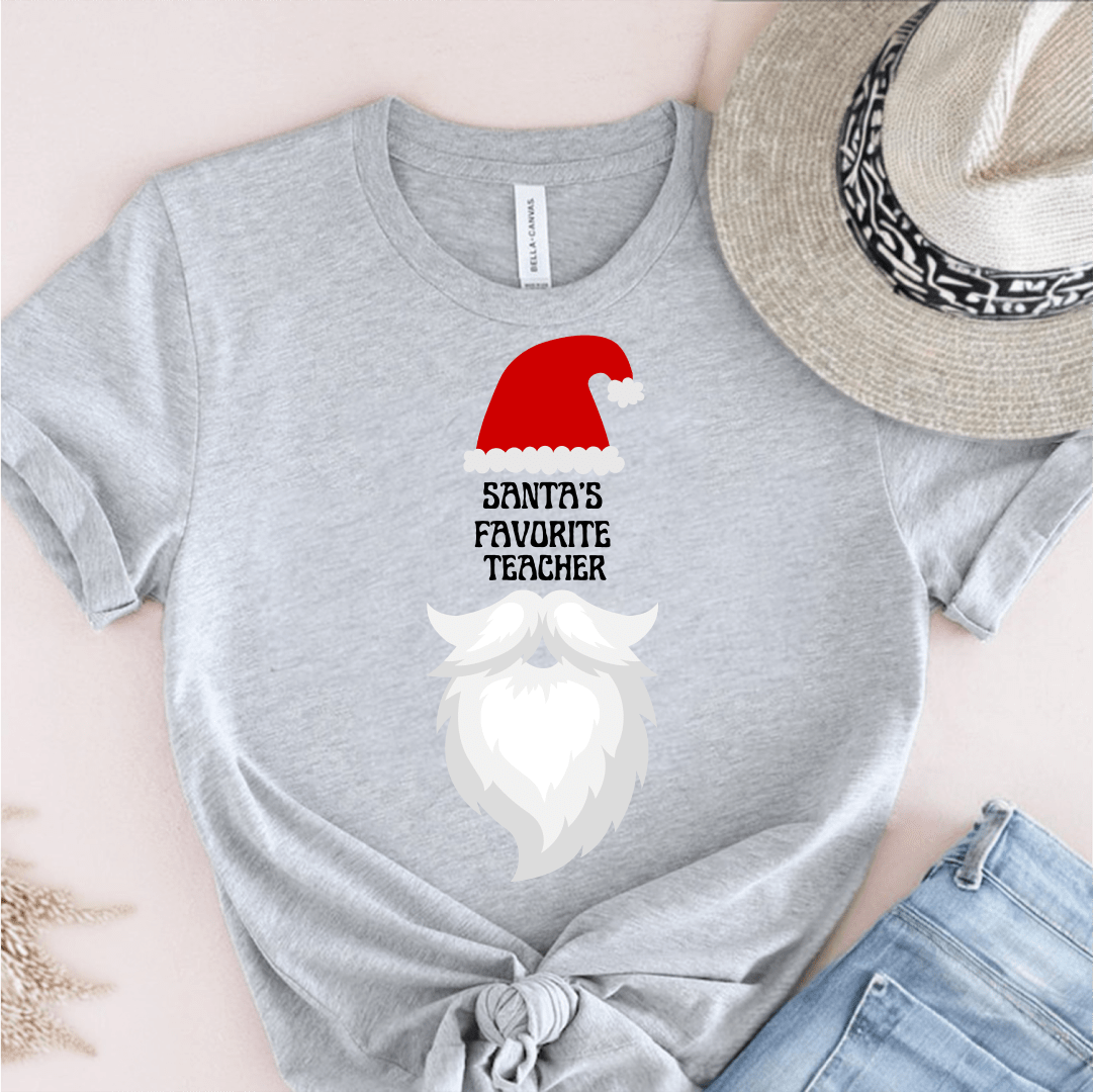 T-Shirt Grey / S Santa's Favorite Teacher (hat beard) T-Shirt