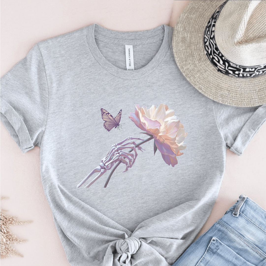 T-Shirt Grey / S Skeleton Butterfly Flower T-Shirt