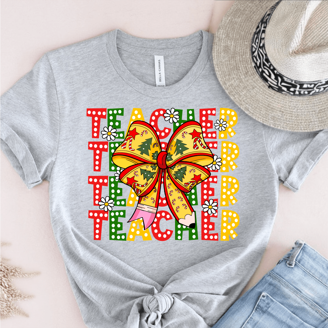 T-Shirt Grey / S Teacher Bow Christmas Red Green Yellow T-Shirt