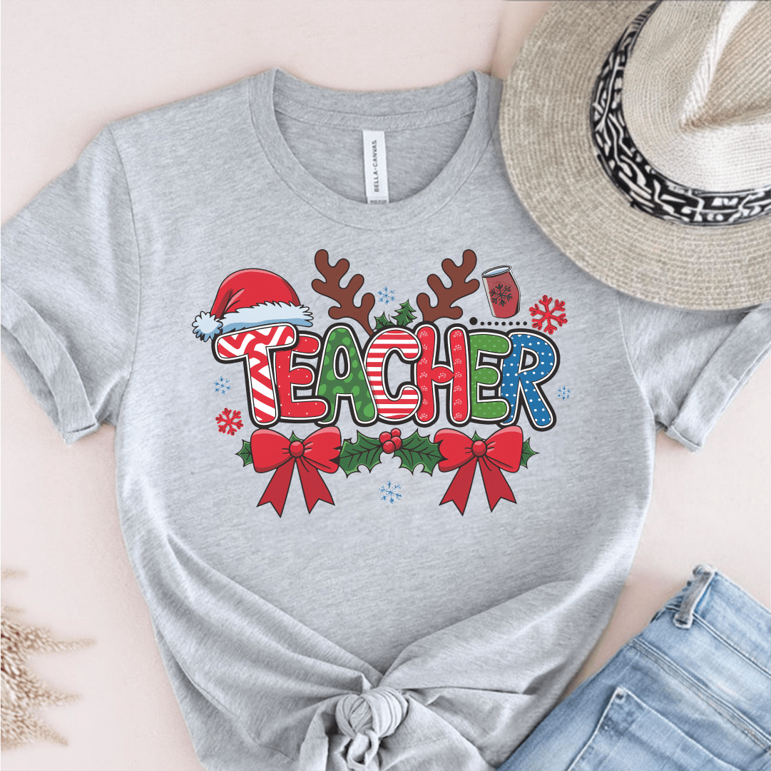 T-Shirt Grey / S Teacher Christmas Pattern Antlers T-Shirt