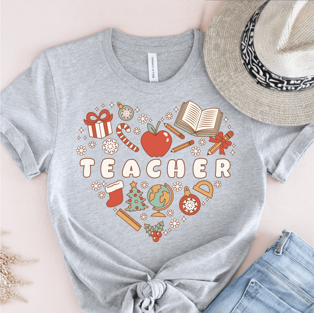 T-Shirt Grey / S Teacher Retro Christmas Heart T-Shirt