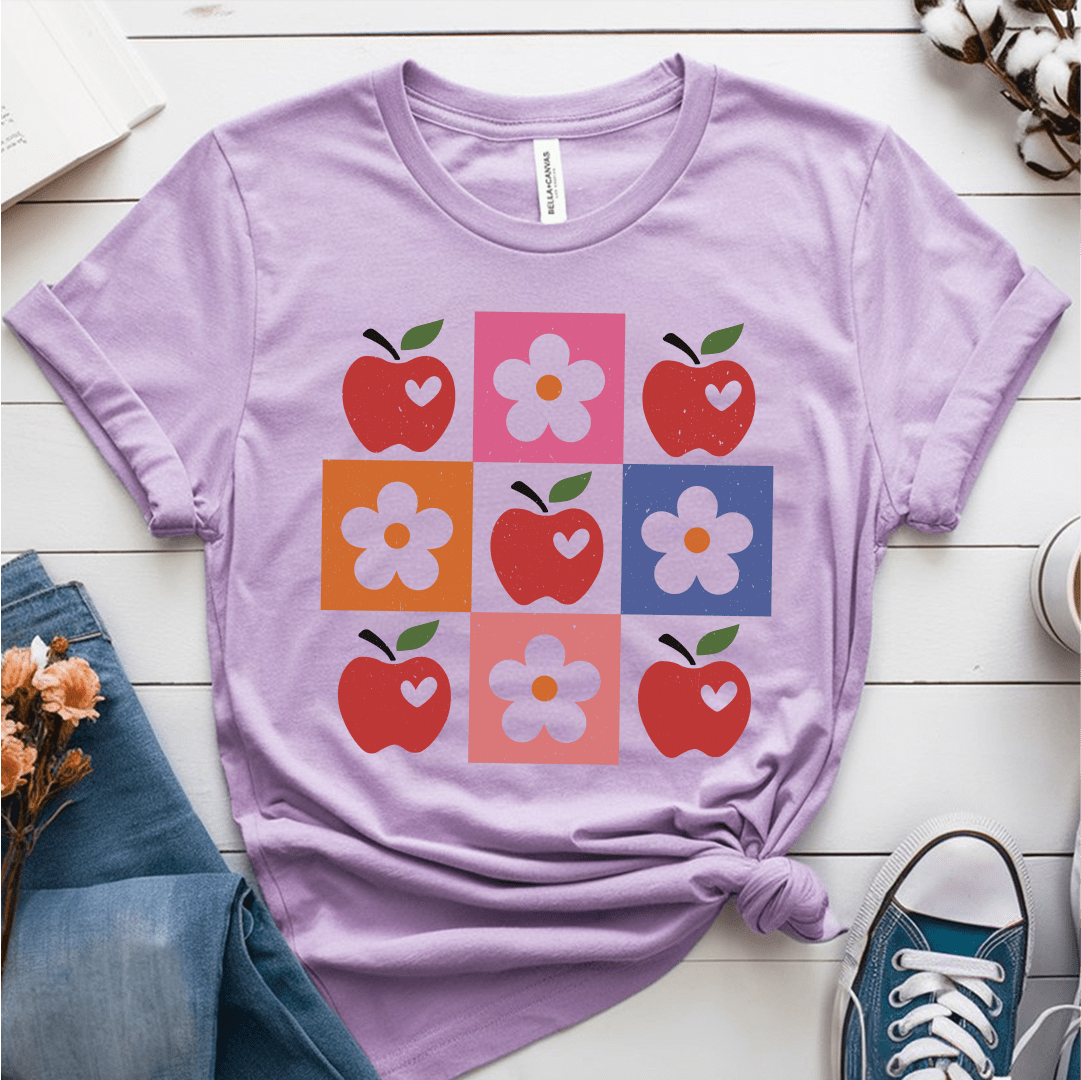 T-Shirt Heather Prism Lilac / S Apple Flower Textured Checkerboard Cute Teacher T-Shirt