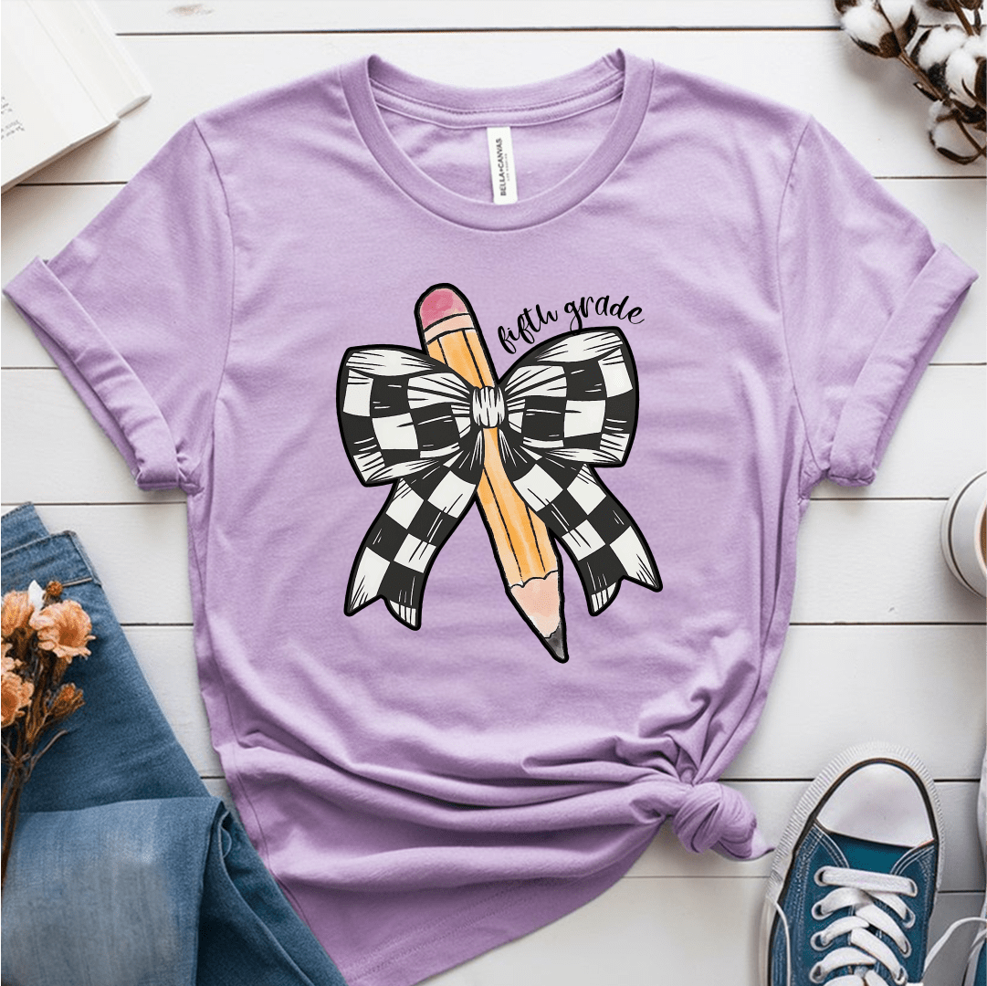 T-Shirt Heather Prism Lilac / S Personalized Grade Pencil Checkered Bow T-Shirt