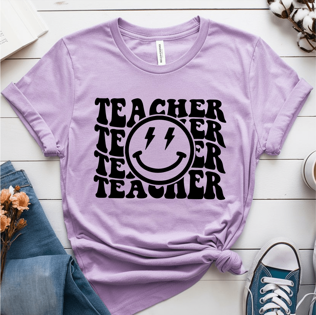 T-Shirt Heather Prism Lilac / S Teacher Wavy Groovy Text Lightning Smile T-Shirt