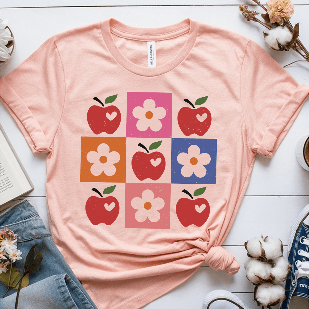T-Shirt Heather Prism Peach / S Apple Flower Textured Checkerboard Cute Teacher T-Shirt