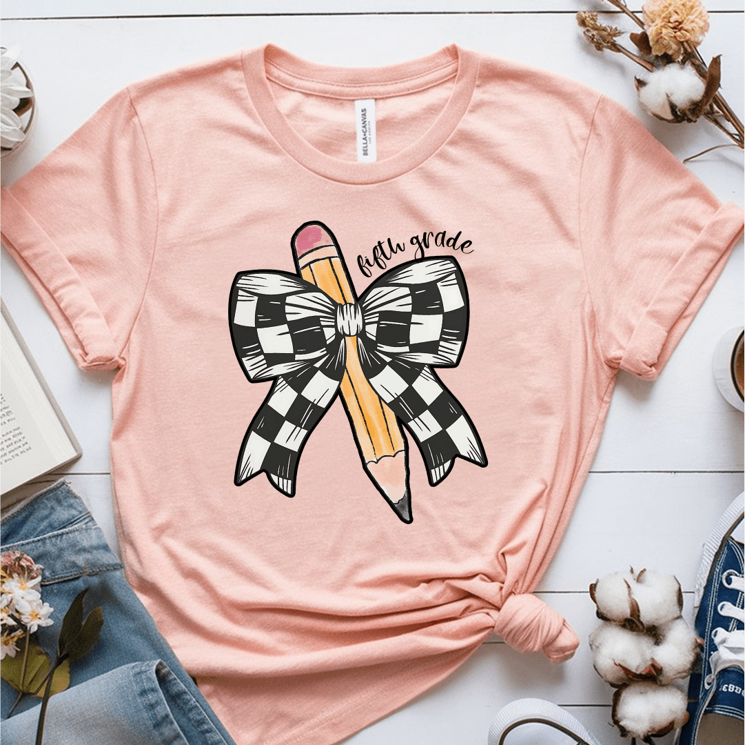 T-Shirt Heather Prism Peach / S Personalized Grade Pencil Checkered Bow T-Shirt