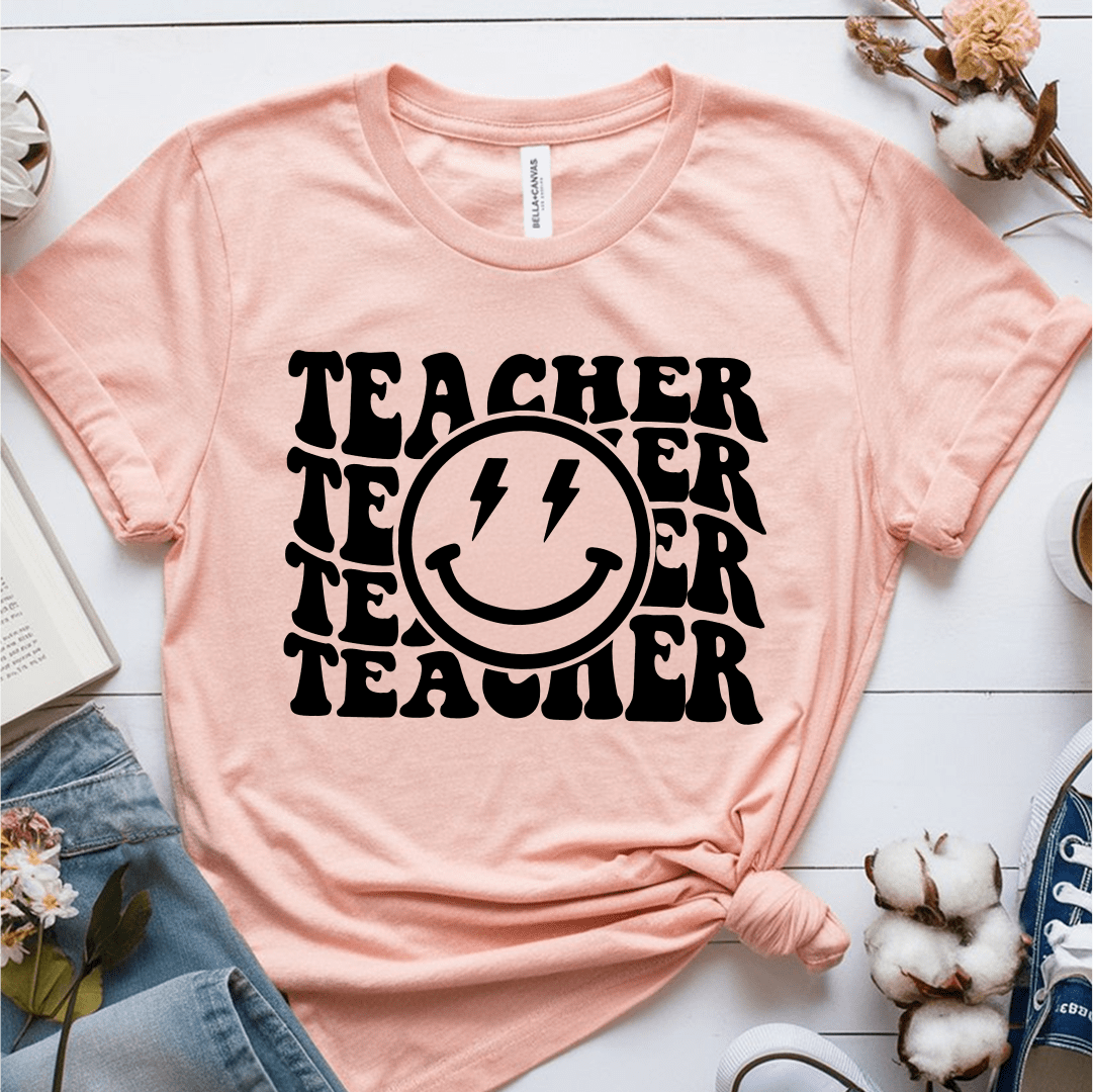 T-Shirt Heather Prism Peach / S Teacher Wavy Groovy Text Lightning Smile T-Shirt