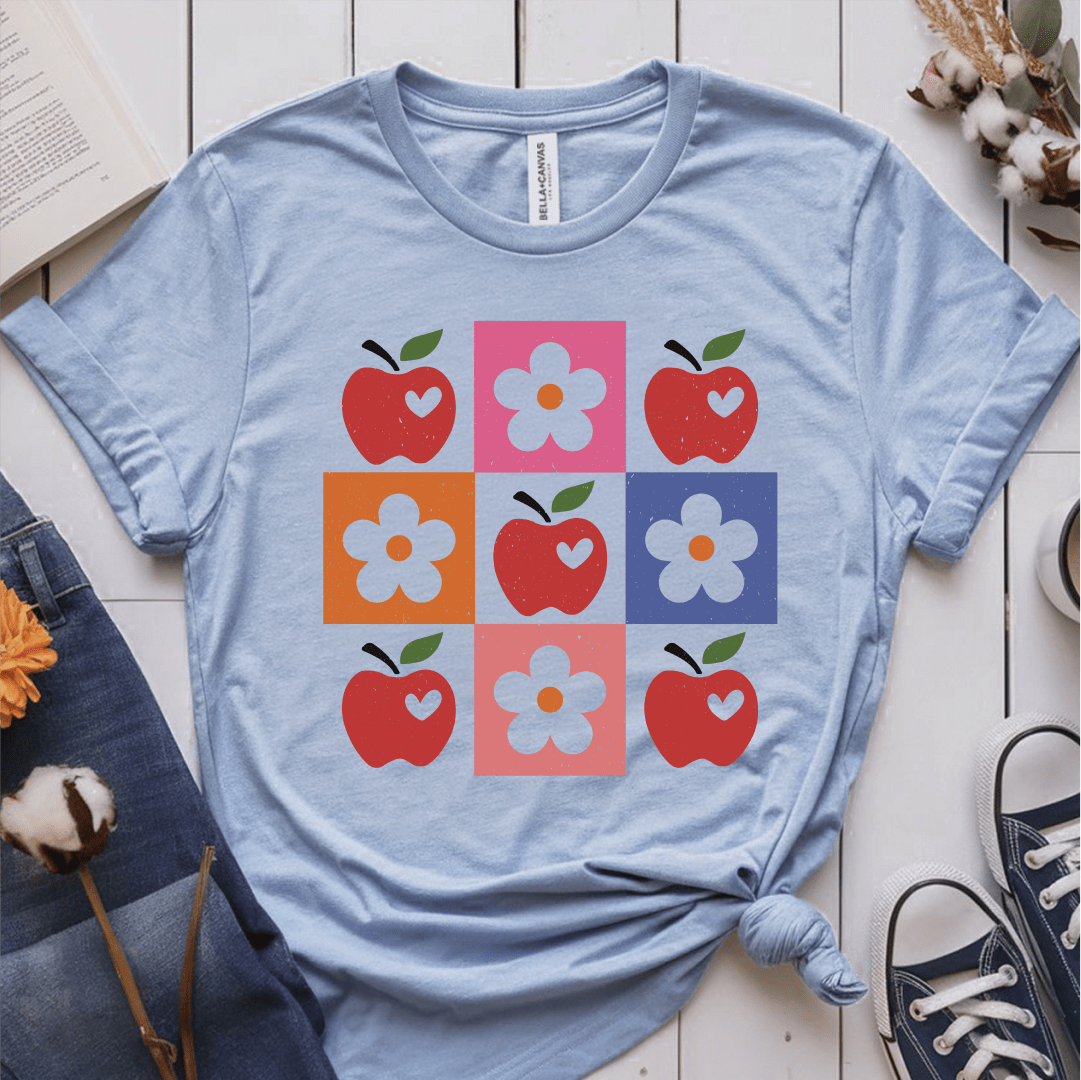 T-Shirt Light Blue / S Apple Flower Textured Checkerboard Cute Teacher T-Shirt