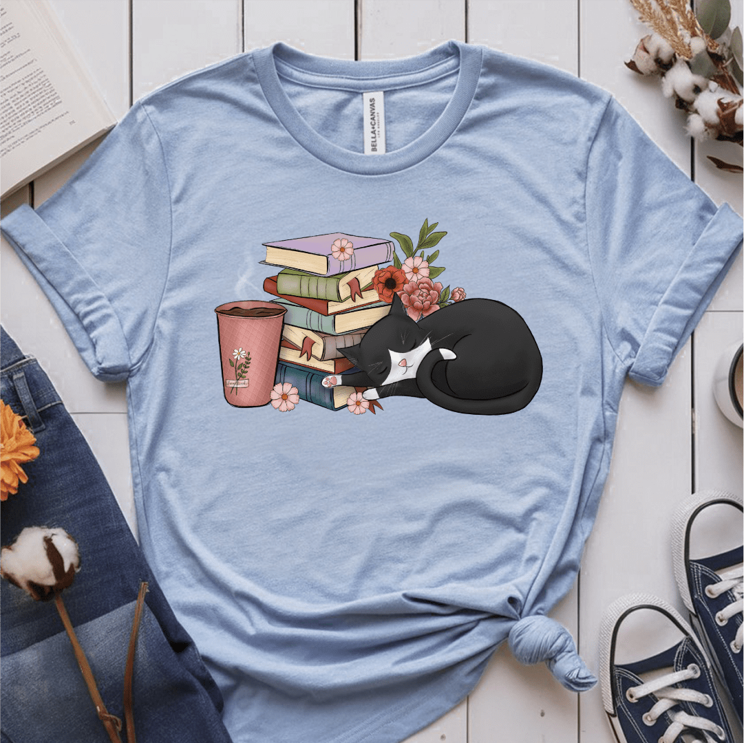 T-Shirt Light Blue / S Cat Books Coffee T-Shirt