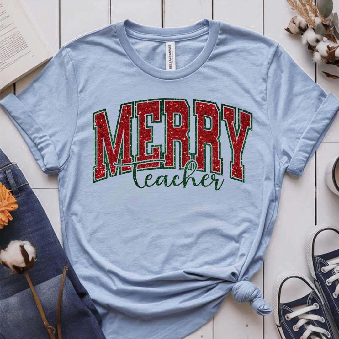 T-Shirt Light Blue / S Merry Teacher Glitter T-Shirt