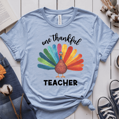 T-Shirt Light Blue / S One Thankful Teacher Colorful Turkey T-Shirt