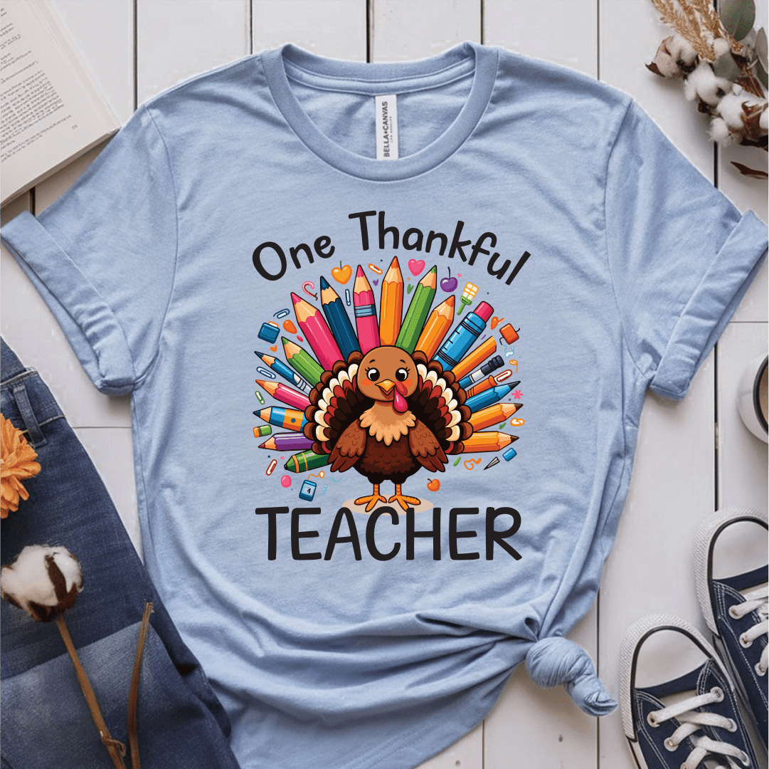 T-Shirt Light Blue / S One Thankful Teacher Pencil Turkey T-Shirt