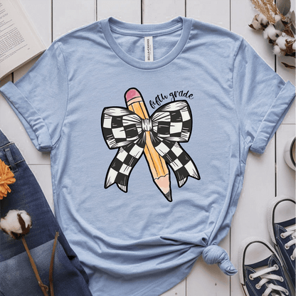 T-Shirt Light Blue / S Personalized Grade Pencil Checkered Bow T-Shirt