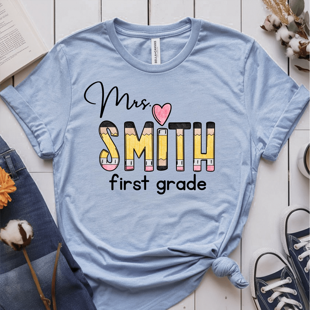 T-Shirt Light Blue / S Personalized Name And Grade Pencil Heart T-Shirt