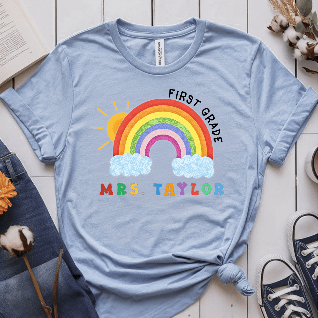 T-Shirt Light Blue / S Personalized Name Grade Rainbow Sun Colorful T-Shirt