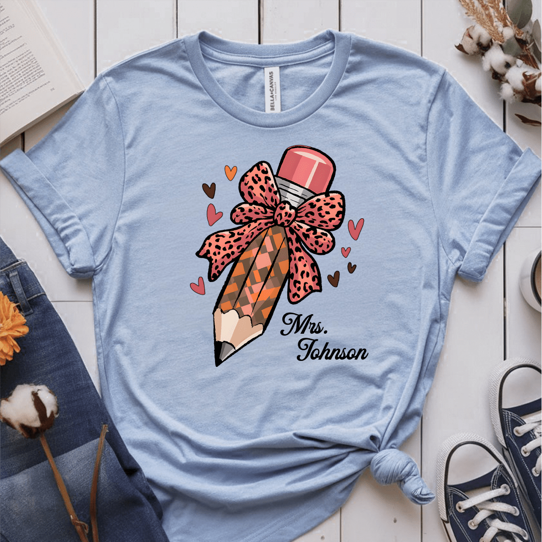T-Shirt Light Blue / S Personalized Name Pencil Pattern Bow Hearts T-Shirt