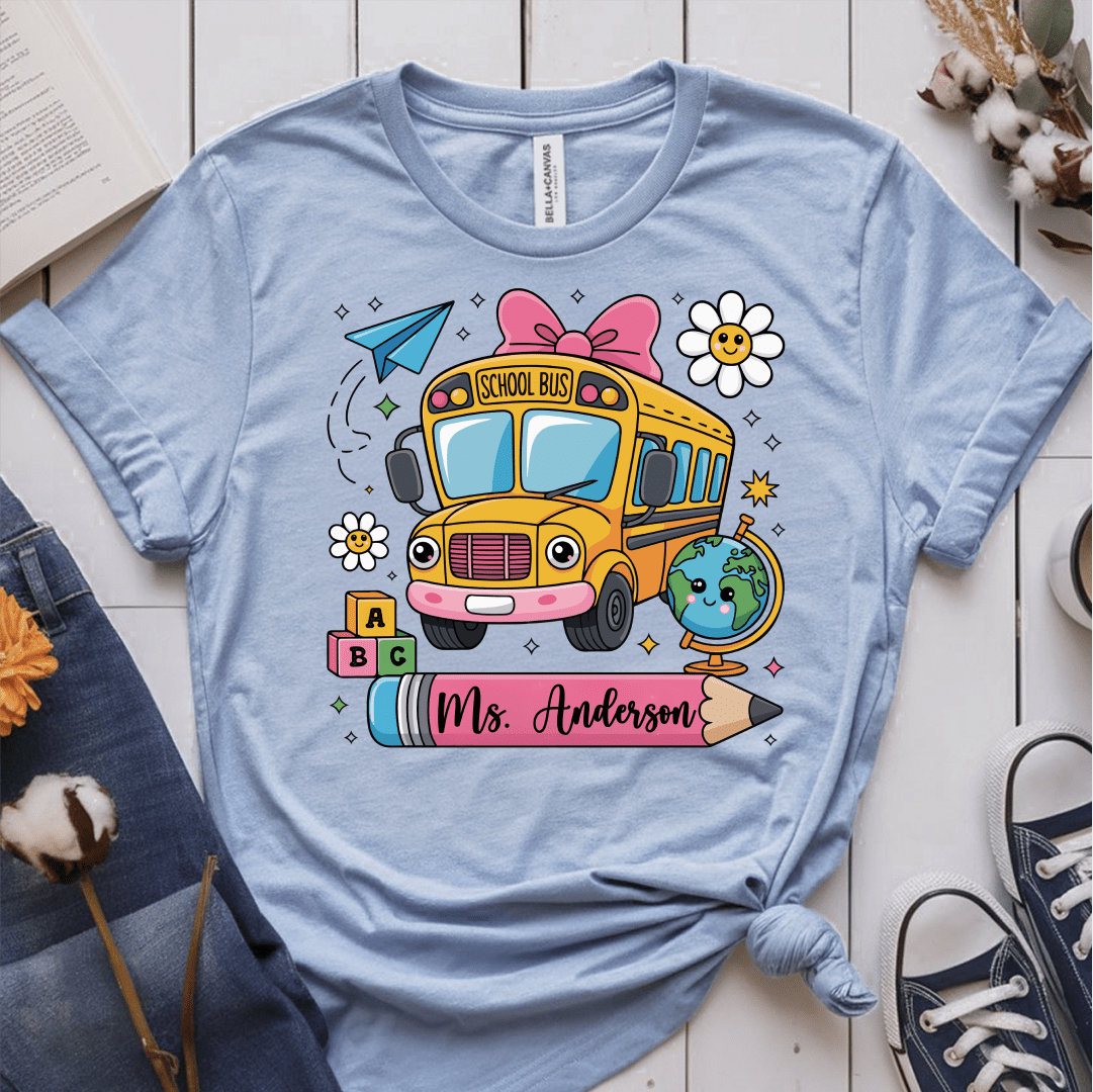 T-Shirt Light Blue / S Personalized Name School Bus Cute Icon Pencil T-Shirt