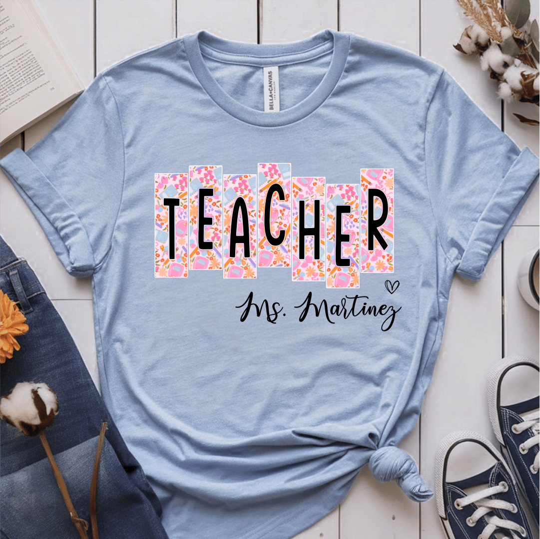 T-Shirt Light Blue / S Personalized Teacher Name Floral Block Design T-Shirt