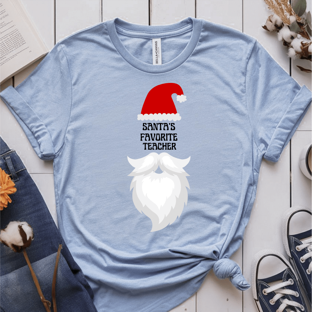 T-Shirt Light Blue / S Santa's Favorite Teacher (hat beard) T-Shirt