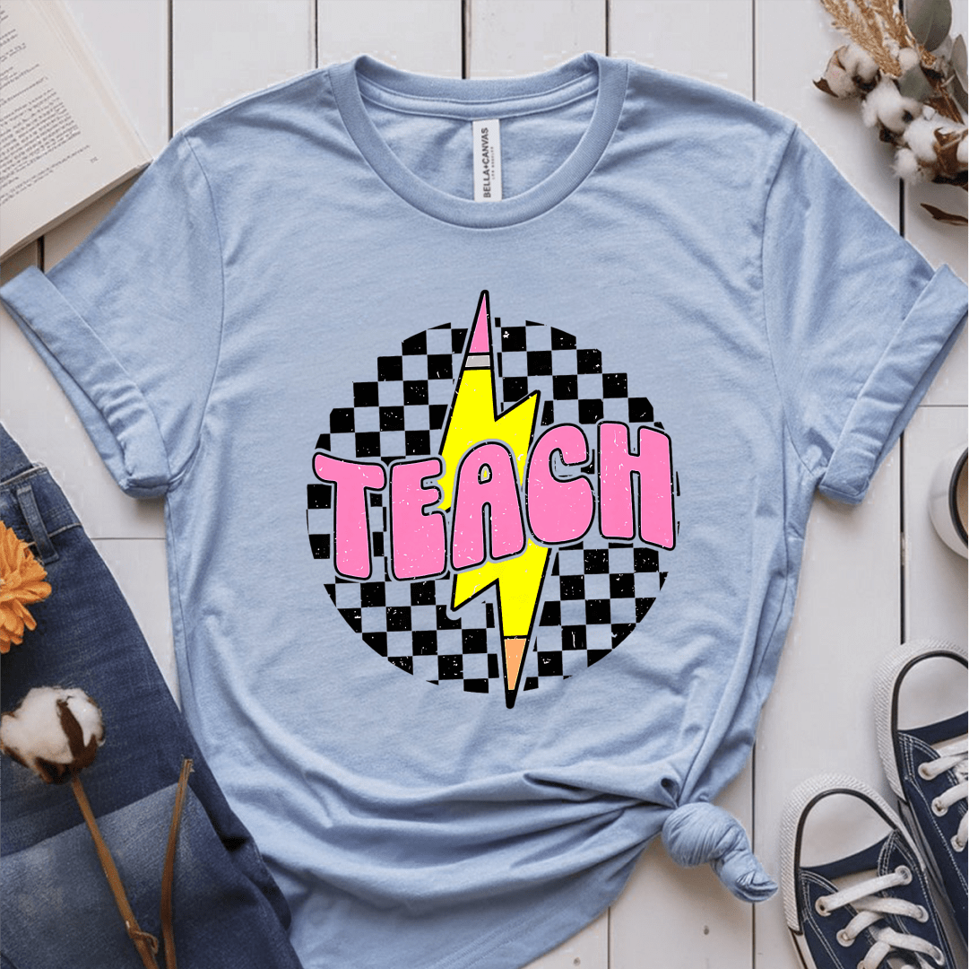 T-Shirt Light Blue / S Teach Lightning Checkered Pencil Vintage T-Shirt