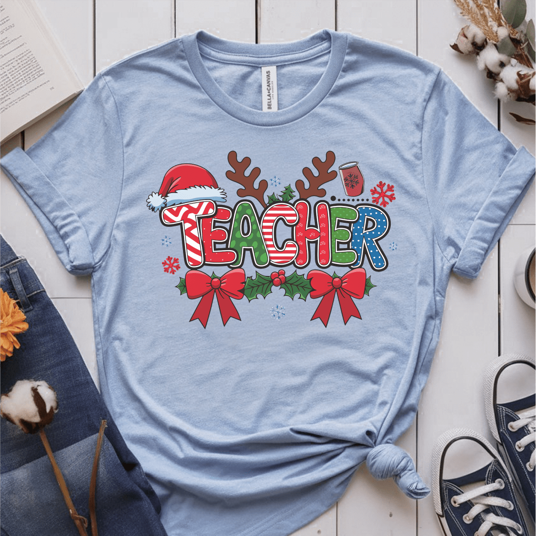 T-Shirt Light Blue / S Teacher Christmas Pattern Antlers T-Shirt