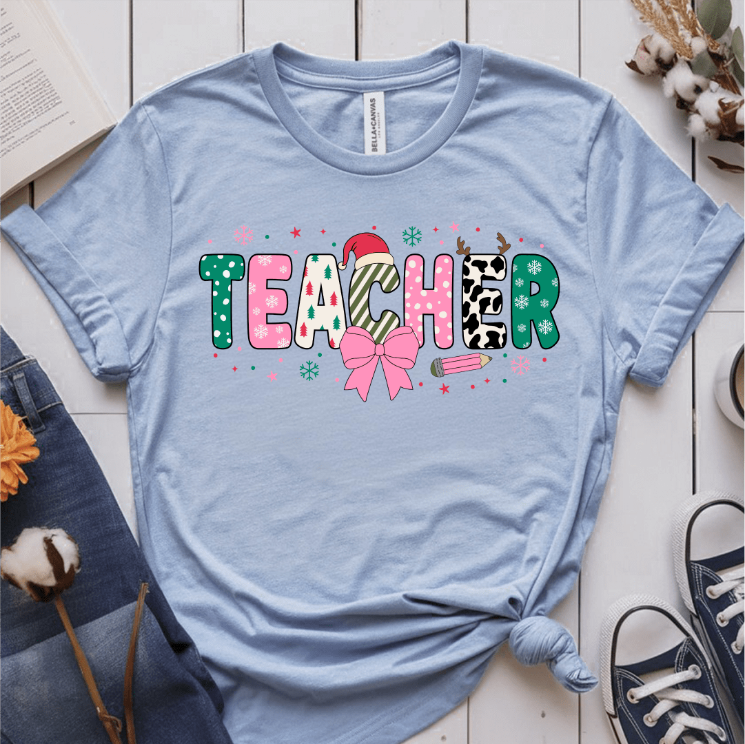 T-Shirt Light Blue / S Teacher Christmas Pink Bow Pattern T-Shirt