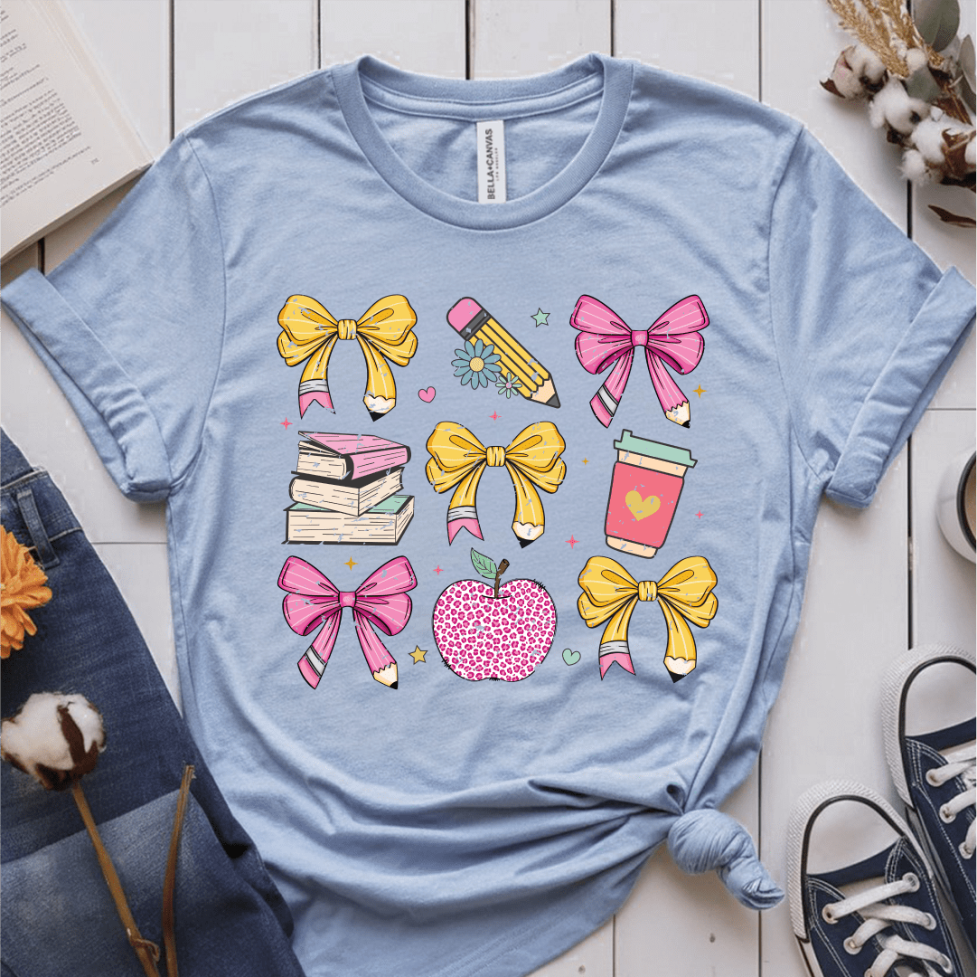 T-Shirt Light Blue / S Teacher Coquette Pencil Bow Retro T-Shirt
