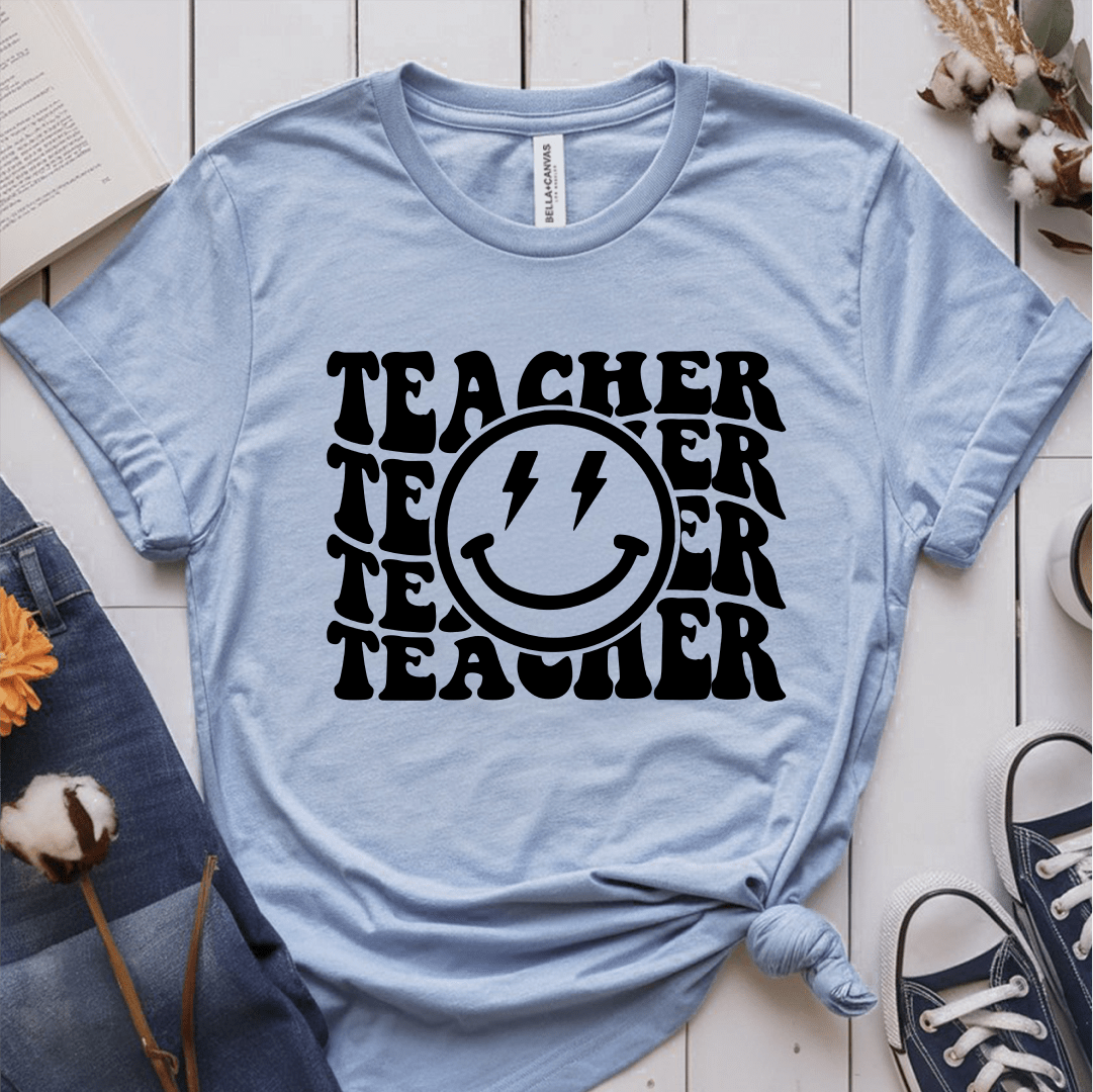 T-Shirt Light Blue / S Teacher Wavy Groovy Text Lightning Smile T-Shirt