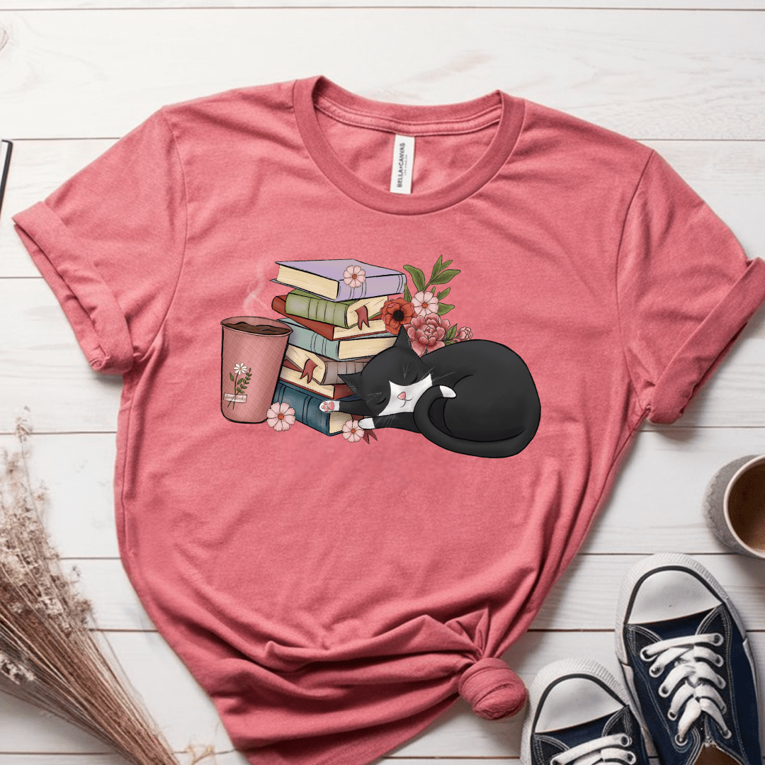 T-Shirt Mauve / S Cat Books Coffee T-Shirt