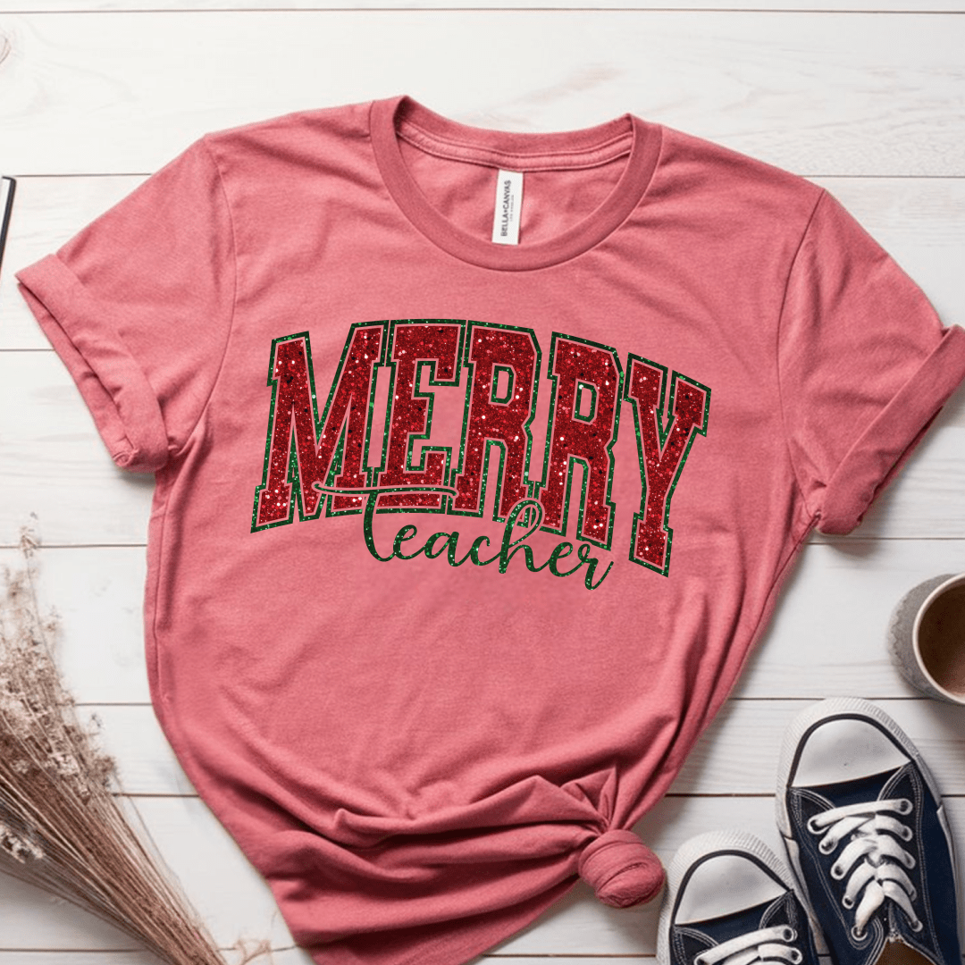 T-Shirt Mauve / S Merry Teacher Glitter T-Shirt