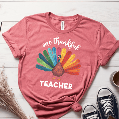 T-Shirt Mauve / S One Thankful Teacher Colorful Turkey T-Shirt