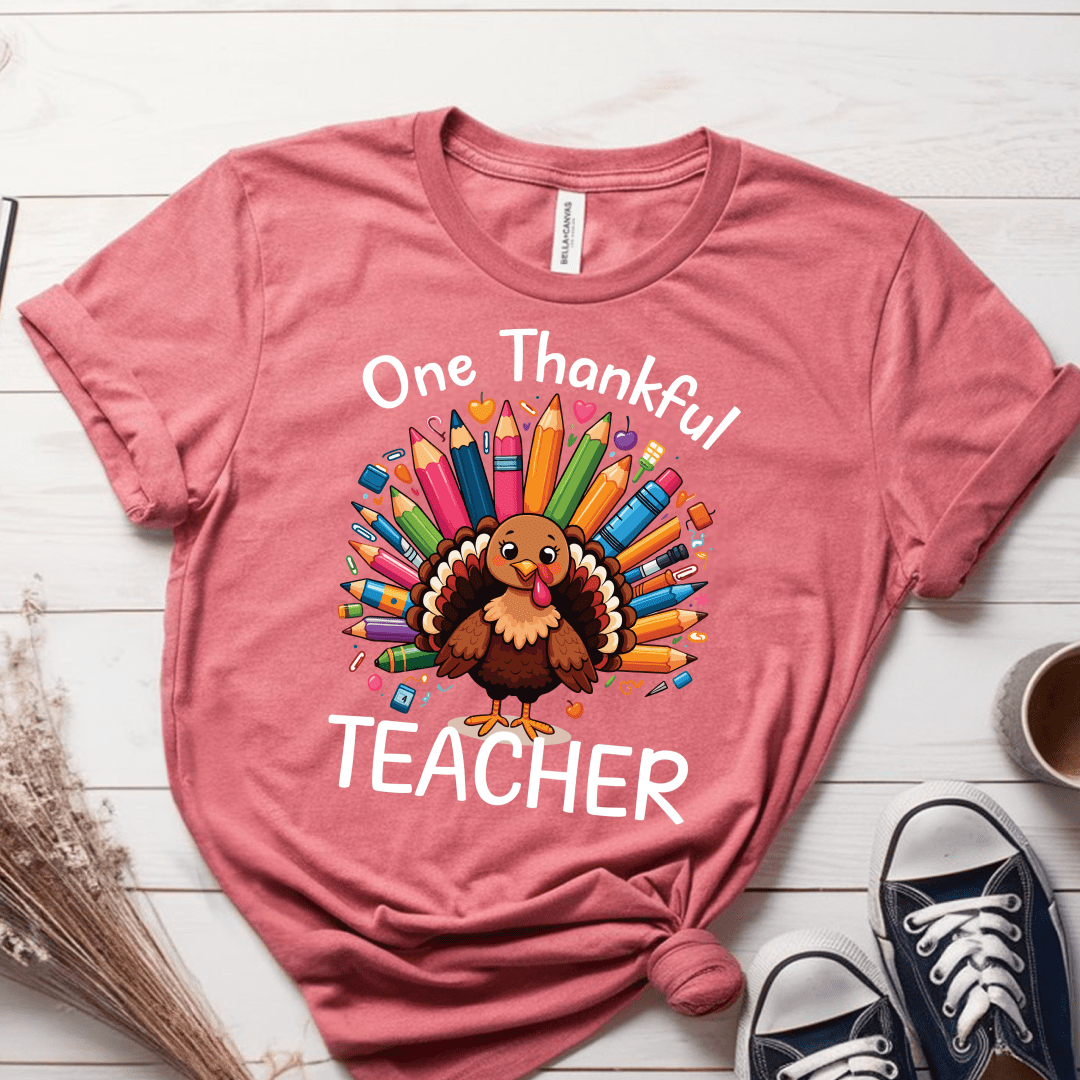 T-Shirt Mauve / S One Thankful Teacher Pencil Turkey T-Shirt