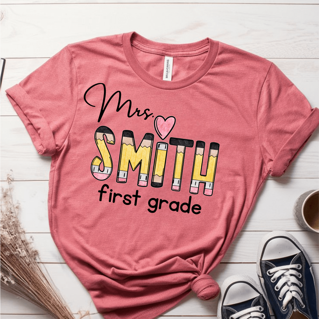 T-Shirt Mauve / S Personalized Name And Grade Pencil Heart T-Shirt