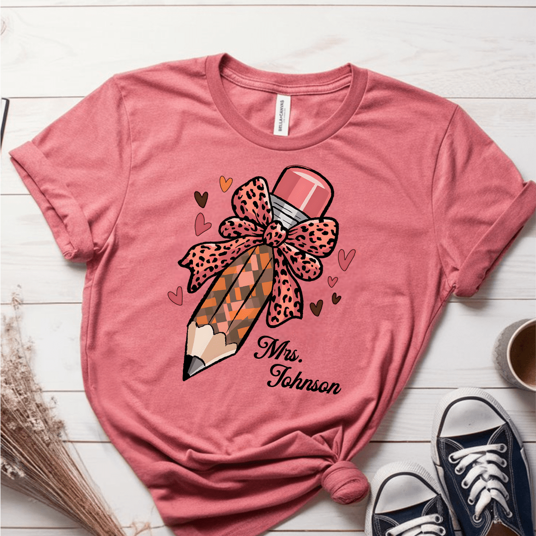 T-Shirt Mauve / S Personalized Name Pencil Pattern Bow Hearts T-Shirt